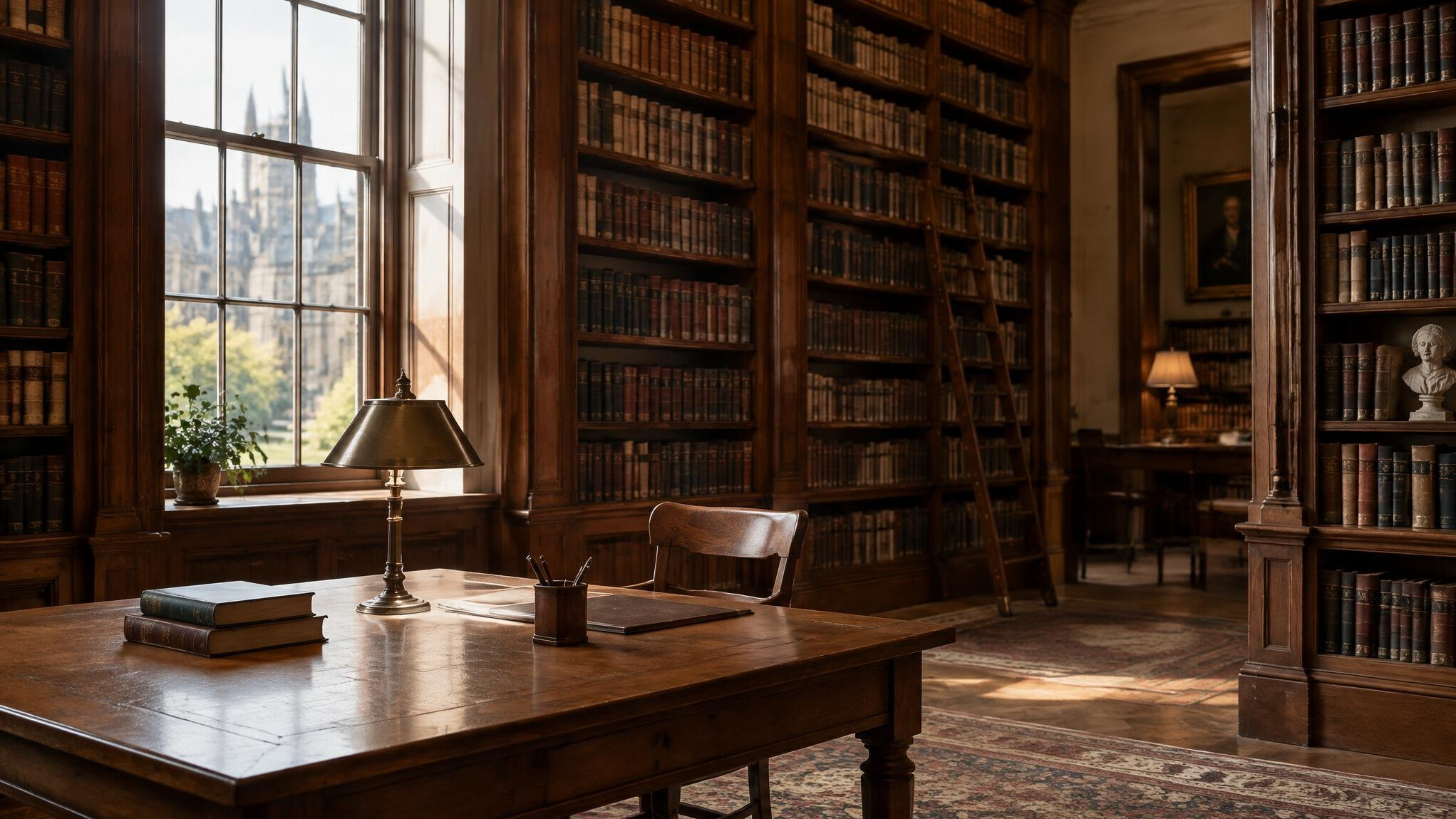 Quiet reading room with tall bookshelves and soft natural light