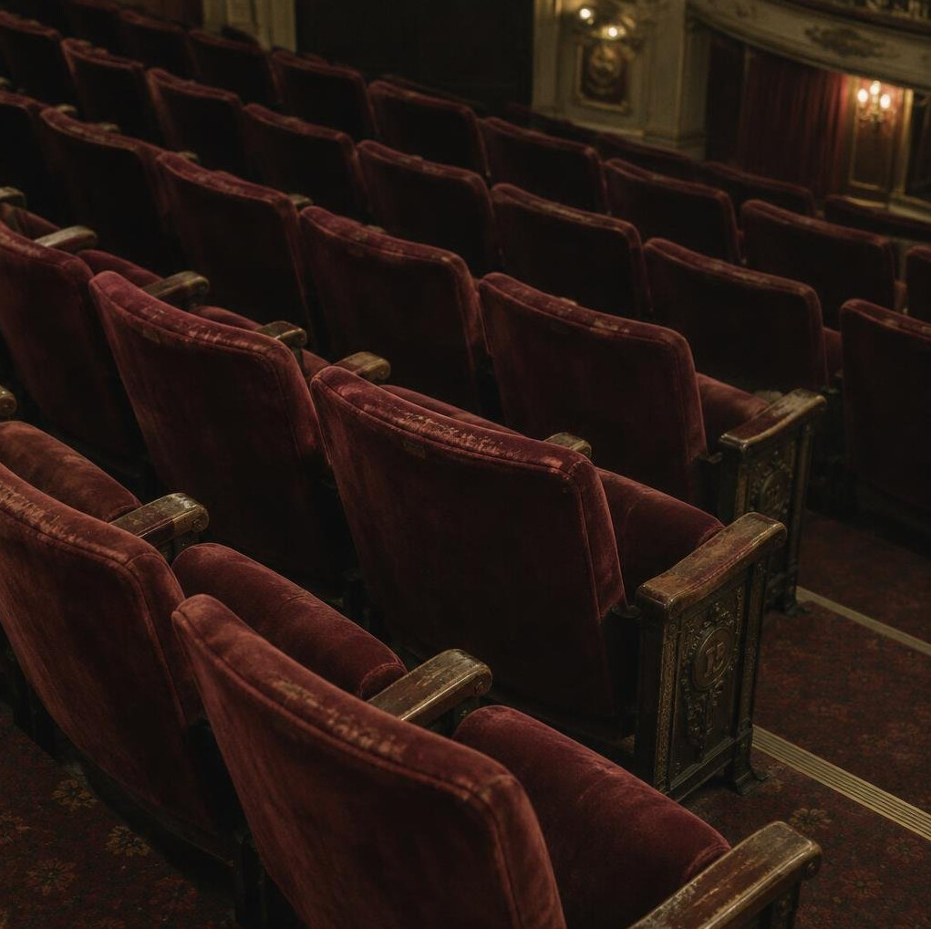 Empty rows of theatre seats in soft light