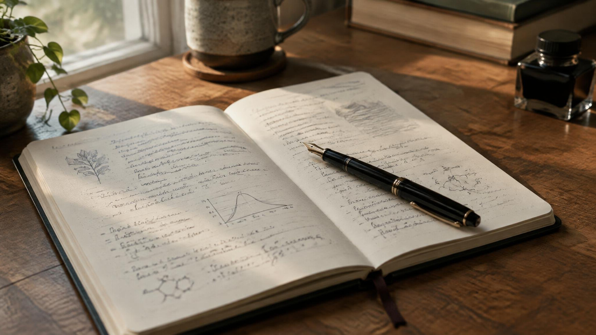 Open notebook and pen on a wooden desk with soft light